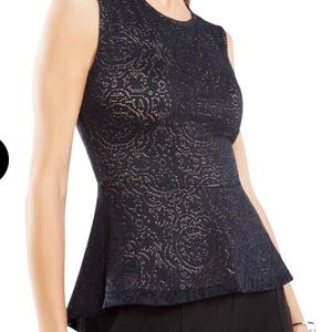 BCBG MaxAzria Sleeveless Black & Tan Pointelle Knit Peplum Top